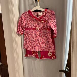 Hanna andersson pink girls floral two piece pant set ruffled size 6-7